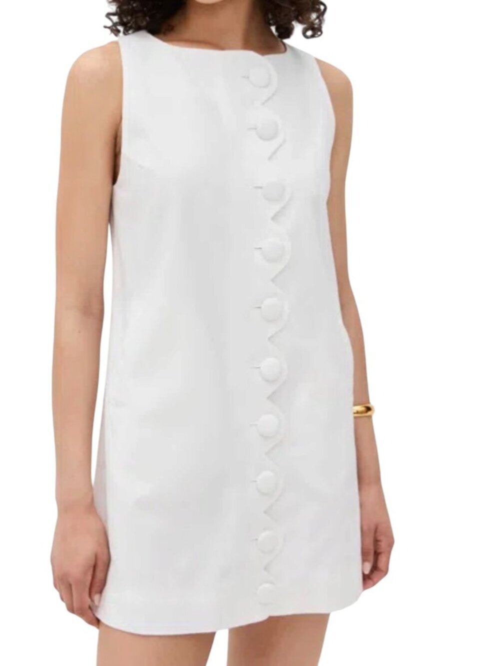 Kourt Jasen White Linen Blend Shift Dress Scallop Buttons Pockets S
